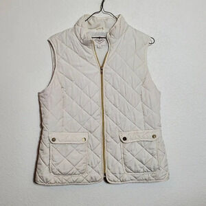 St. Johns Bay Womens Quilted Puffer Vest Large off white 2 Pockets Gold Zip